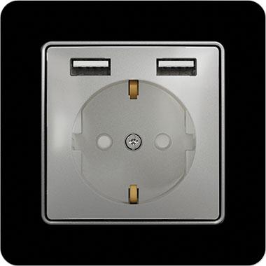 Sedna outlet with double USB charger (aluminium insert, black glossy frame)